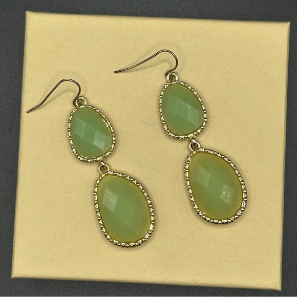 Gold Tone & Green Stone Double Drop Earrings - Picture 3 of 9